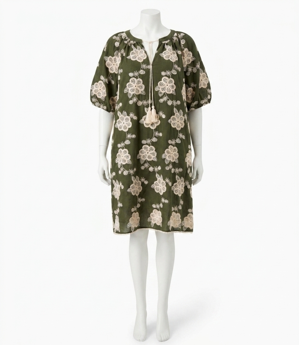NEW KAREN KANE puff sleeve tassel dress - plus size in olive and natural